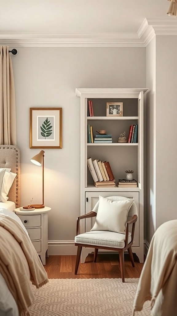 Cozy reading nook with a cupboard, chair, and soft lighting in a bedroom.