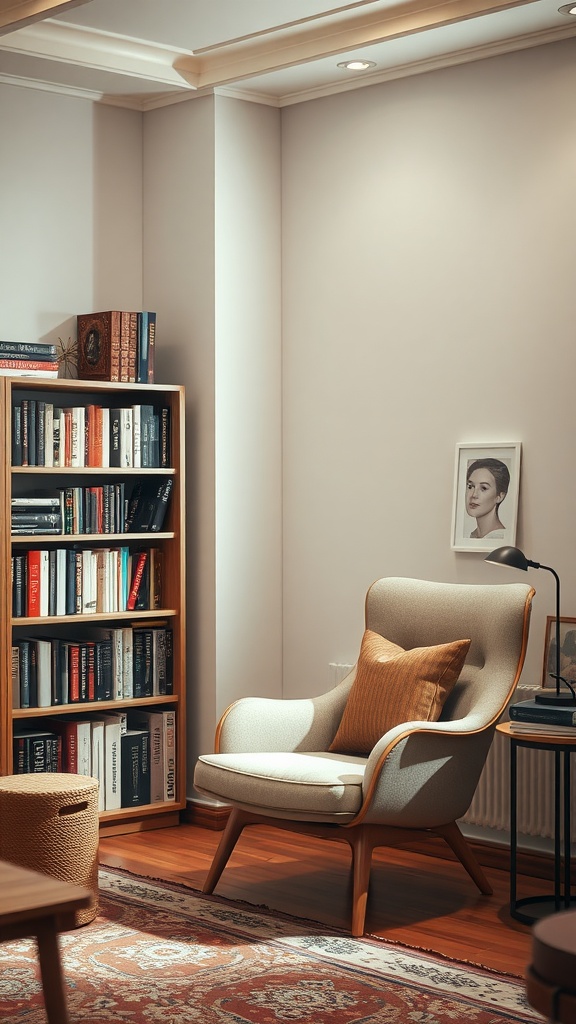 Cozy reading nook featuring a bookshelf, armchair, and side table