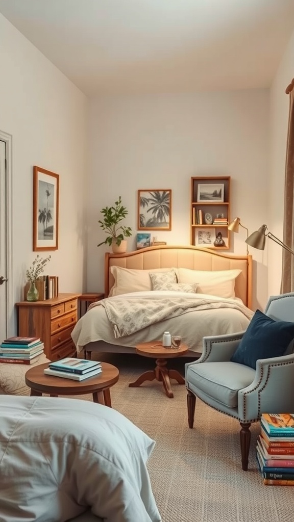 Cozy reading nook with vintage furniture in a serene bedroom setting
