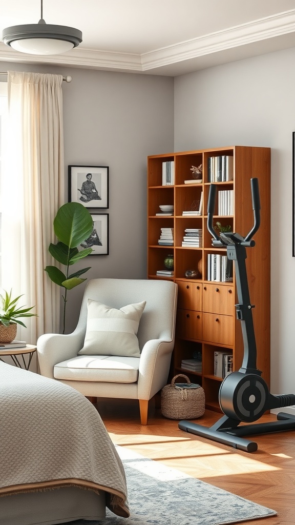 Cozy reading spot in a bedroom gym corner with a comfortable chair, bookshelf, and plant.