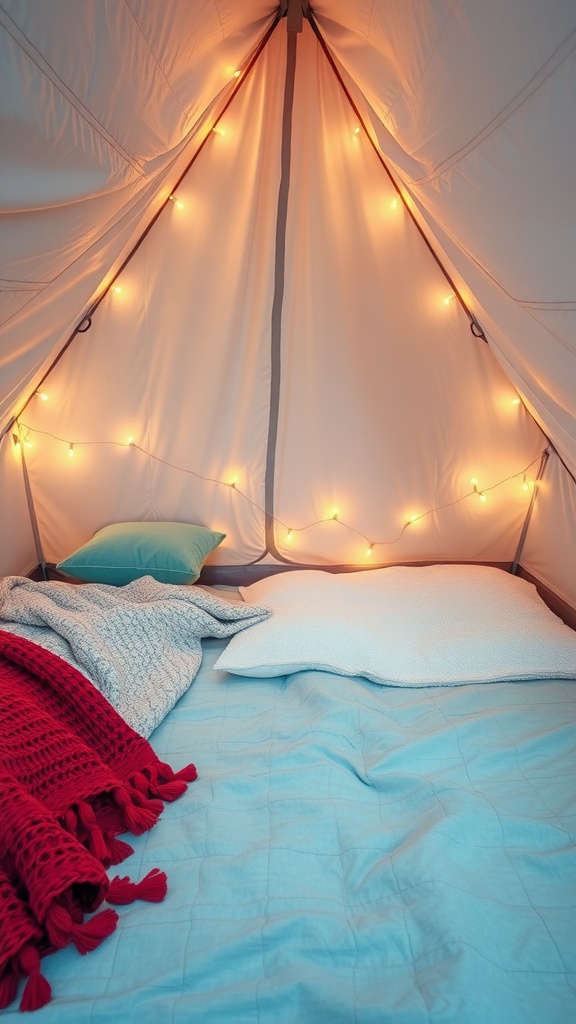 A cozy sleeping area inside a tent with string lights, soft bedding, and pillows.