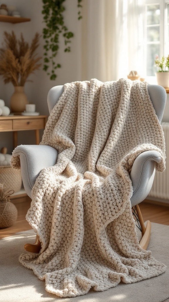 Cozy crochet baby blanket draped over a chair in a bright room