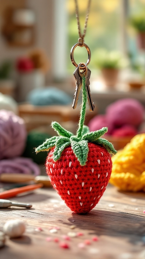 Crochet strawberry keychain hanging with keys in a cozy crafting space