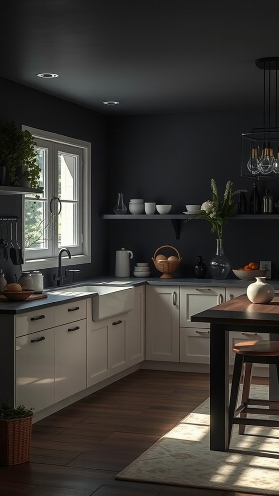 A cozy kitchen with dark walls, light cabinetry, and wooden accents, featuring a farmhouse sink and natural light.
