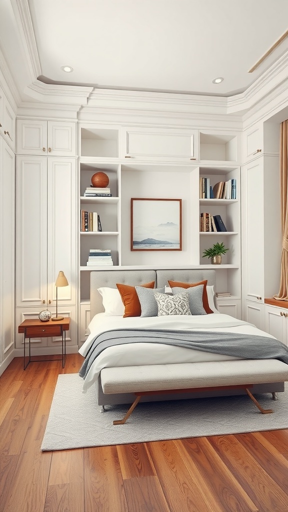 A cozy bedroom featuring a custom built-in unit with shelves and a neatly made bed.