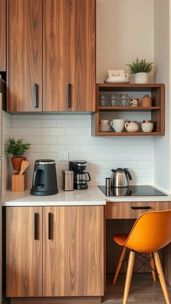 A cozy apartment kitchen corner with a dedicated coffee station featuring wooden cabinets, a kettle, and coffee maker.