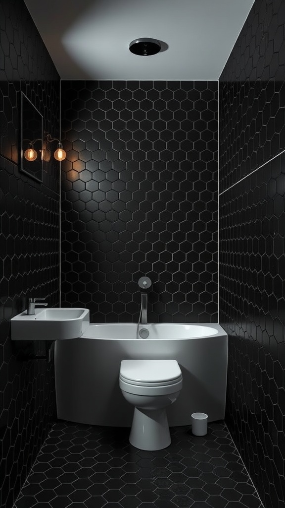 Bathroom with black hexagon tile floor and dark walls, featuring white fixtures and decorative lighting