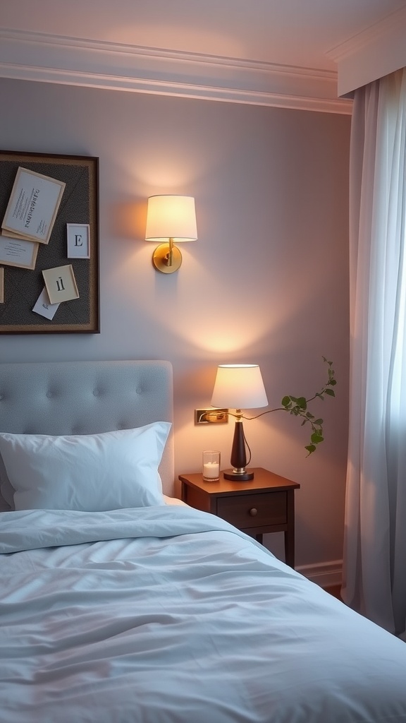 Cozy bedroom with soft lighting, featuring a bedside lamp, decorative wall, and soft bedding.