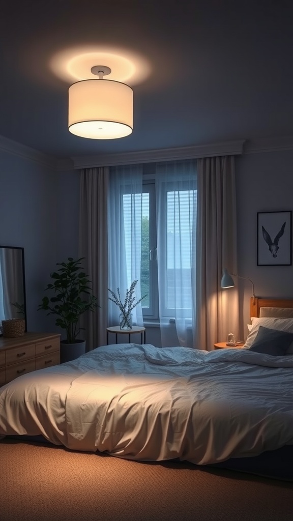 A cozy bedroom with soft lighting from a ceiling lamp and a bedside lamp, featuring a plant and stylish decor.