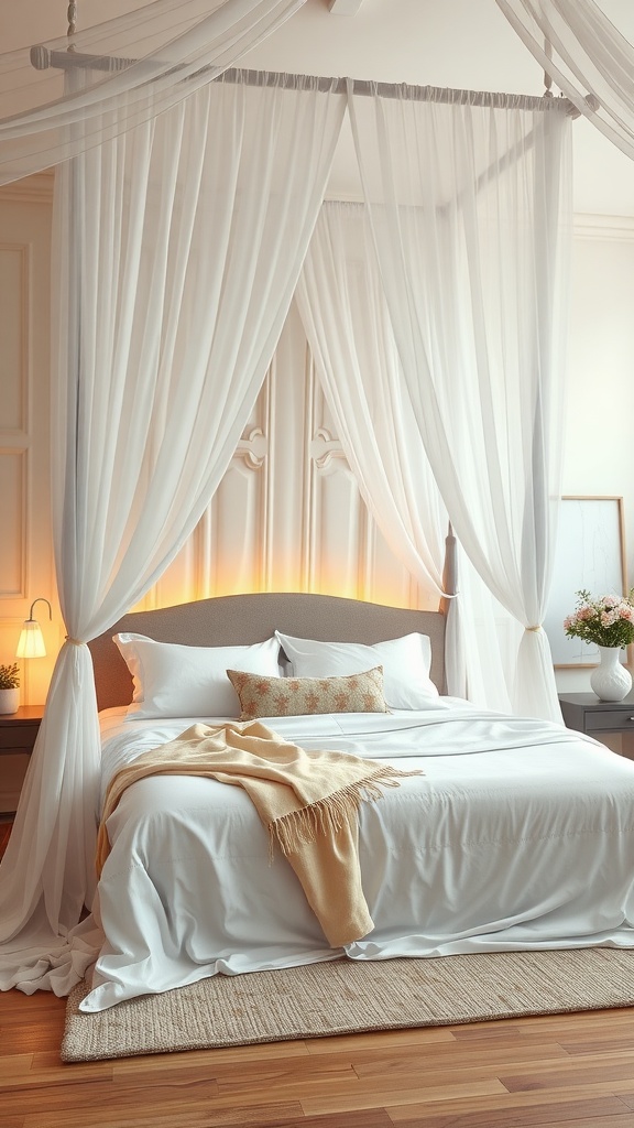 A beautifully styled canopy bed with sheer white curtains, cozy bedding, and soft lighting.