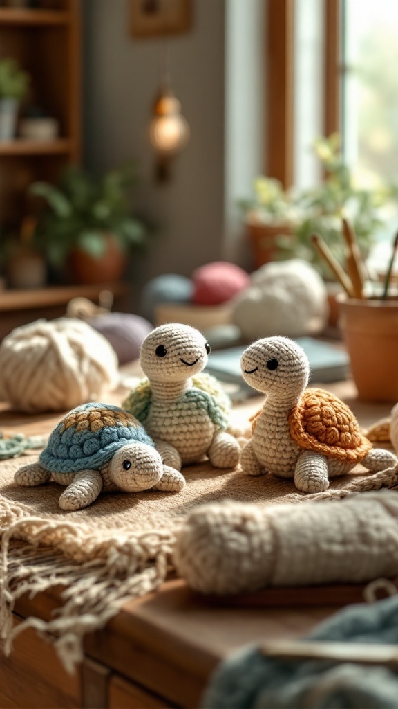 A cozy scene featuring three crochet turtles in different colors, surrounded by yarn and a warm setting.