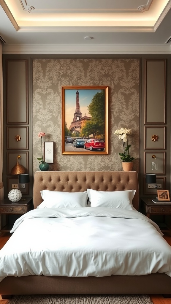 A cozy small bedroom with a king bed and a feature wall displaying artwork of the Eiffel Tower.