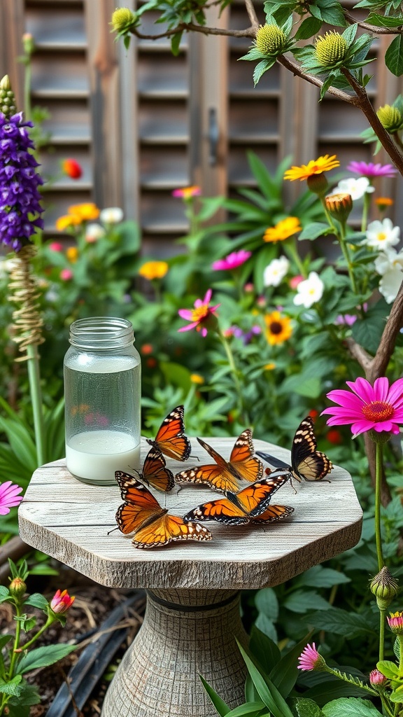 Butterflies feeding at a station in a colorful garden