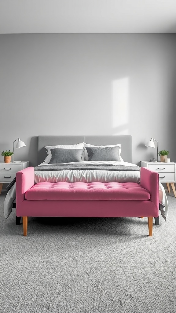 A pink bench positioned at the foot of a grey bed in a modern bedroom.