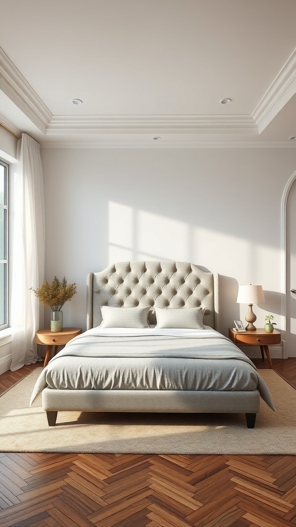 A stylish bedroom featuring a tufted headboard bed, wooden floor, and soft bedding.