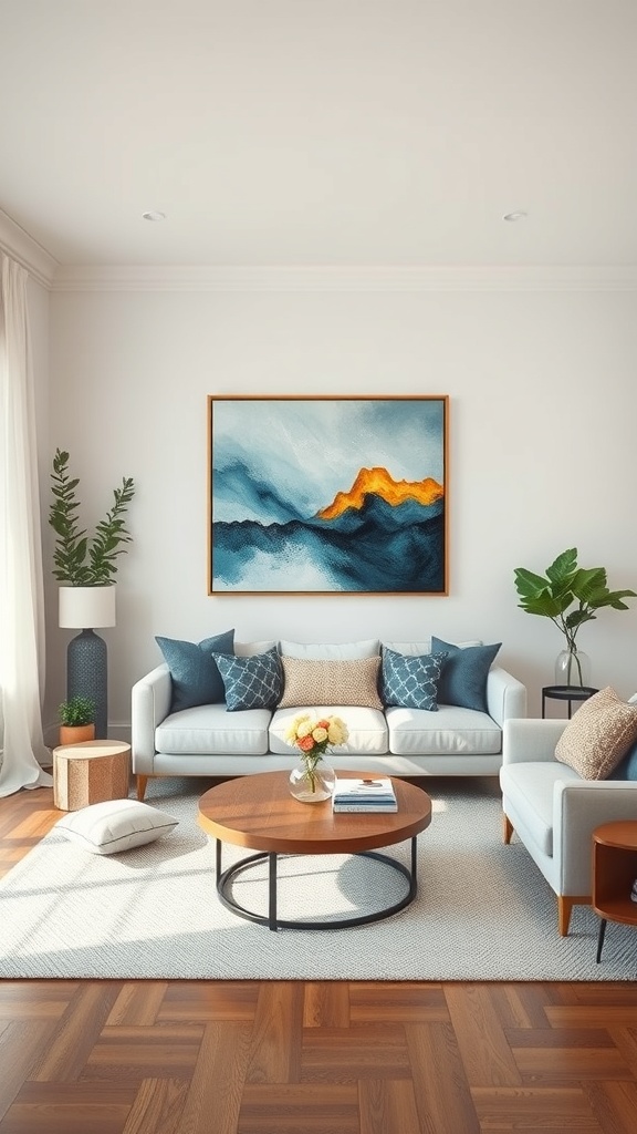 A cozy living room with a large abstract painting, a comfortable sofa, and a round coffee table.