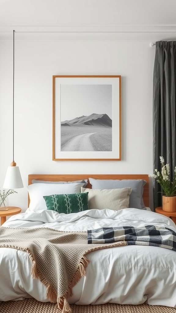 Scandinavian bedroom with a focal art piece above the bed