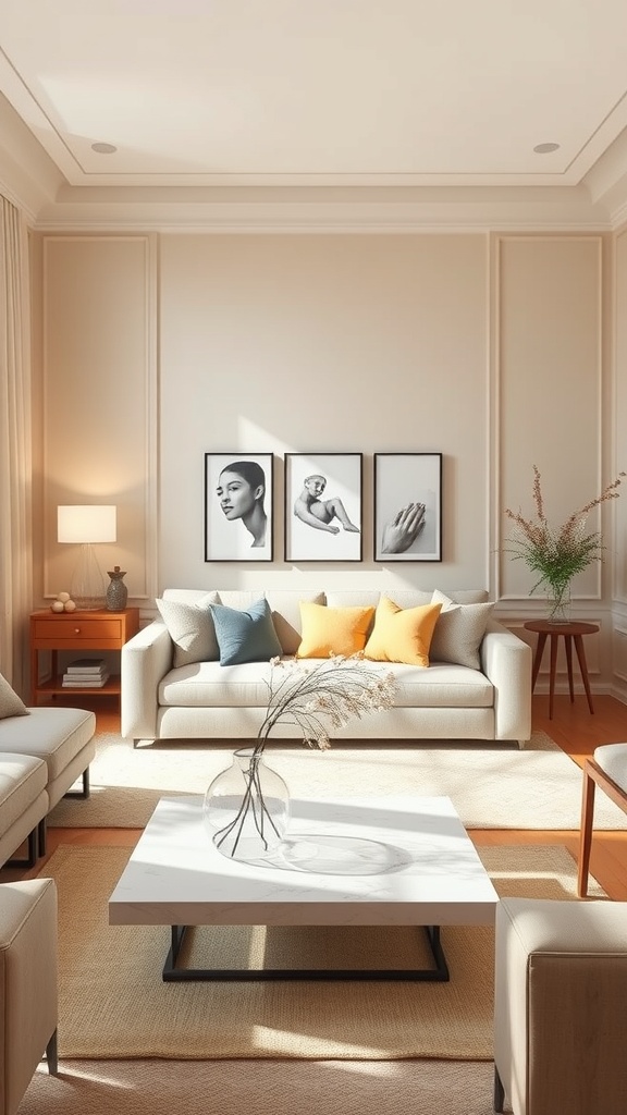 A cozy beige living room with colorful cushions and a stylish coffee table.