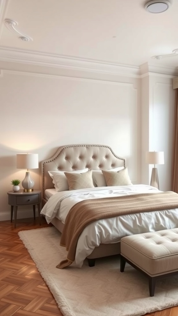 Cozy bedroom with a tufted headboard, soft bedding, and stylish nightstands.