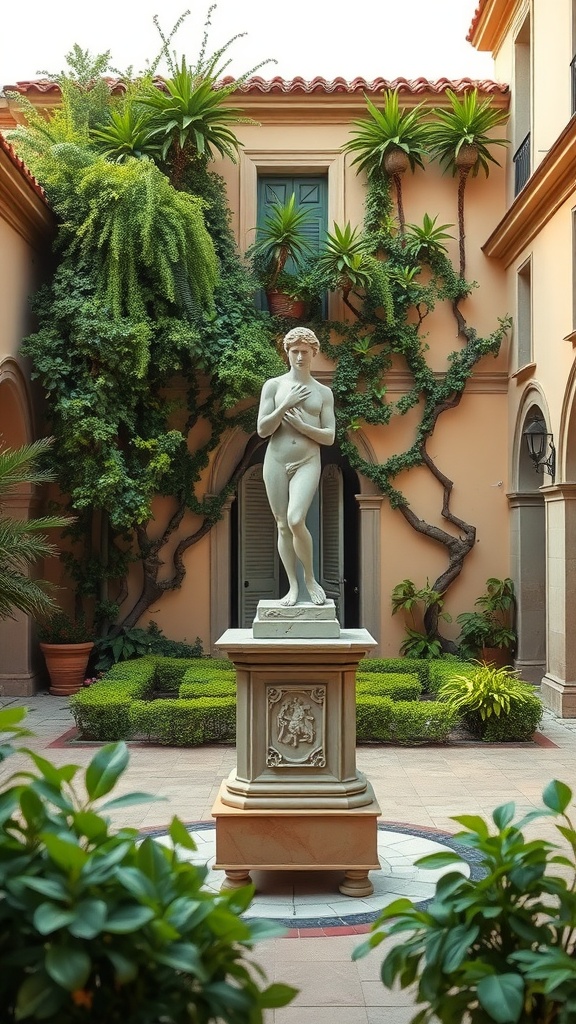 Mediterranean courtyard with a statue and lush plants