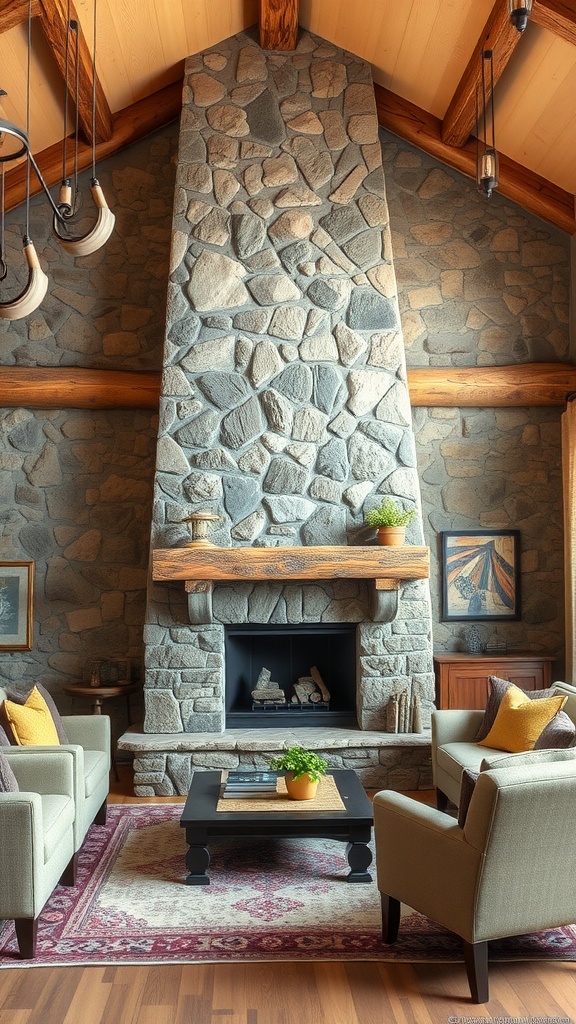 A cozy living room featuring a stone fireplace with wooden accents, comfortable seating, and a coffee table.