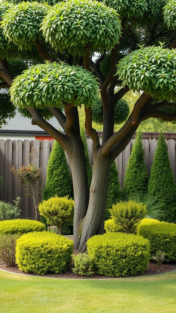 A landscaped backyard featuring a rounded tree surrounded by neatly trimmed shrubs and conifers.