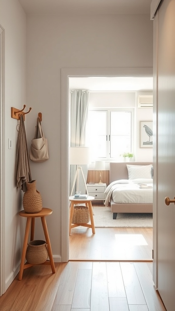 Bright and functional entryway with coat hooks, a small stool, and woven baskets.