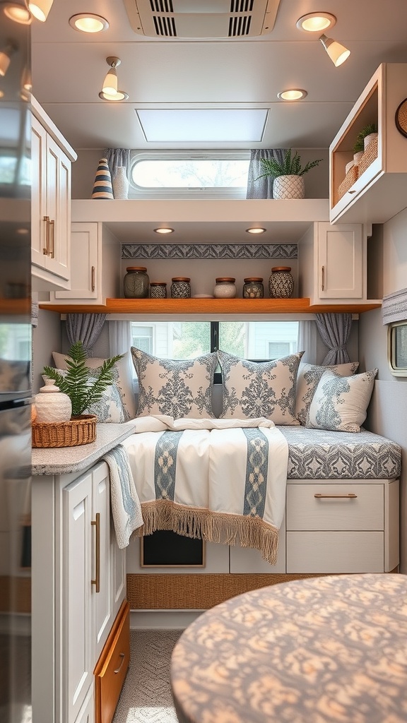 Cozy RV kitchen with stylish cabinetry, comfortable seating, and natural light.