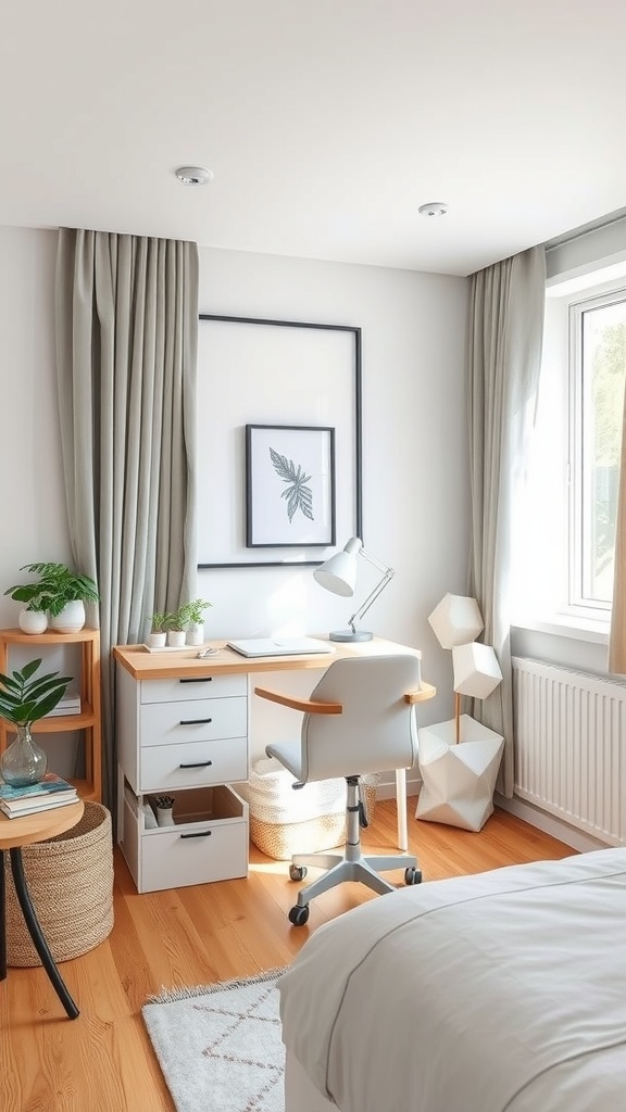 A small rectangular bedroom with a functional work area featuring a desk, chair, and plants.