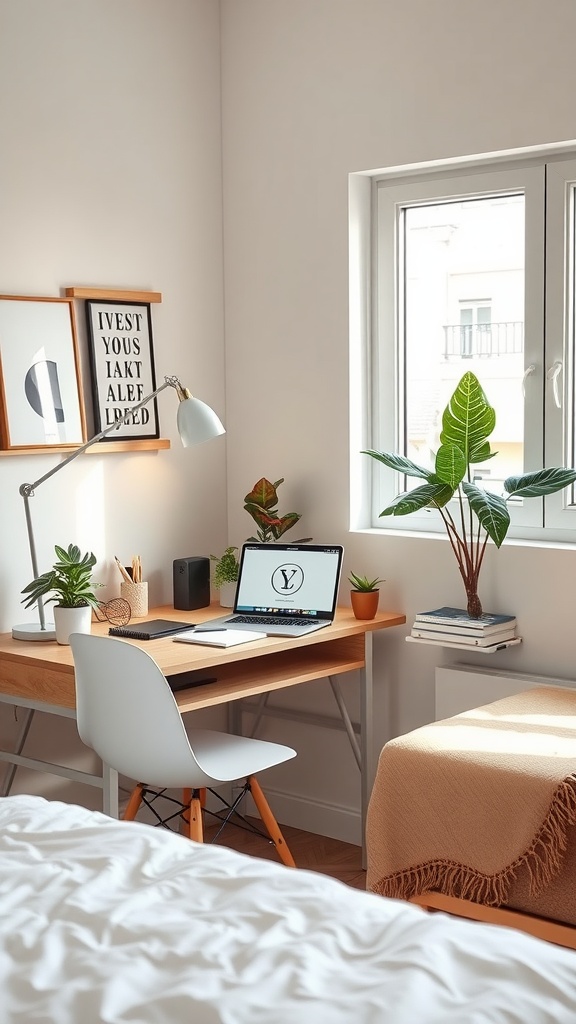 A cozy workspace in a one-bedroom apartment featuring a wooden desk, laptop, plants, and natural light.