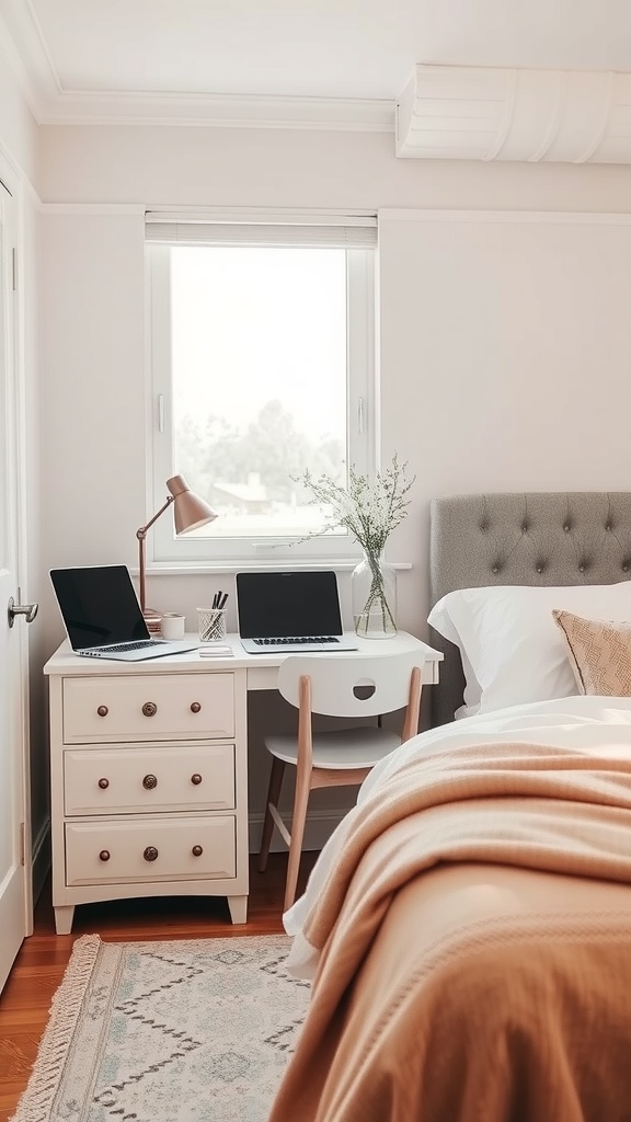 A small bedroom with a dresser used as a workspace, featuring two laptops, a lamp, and a vase.