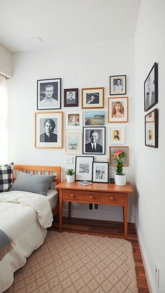 A cozy bedroom with a gallery wall featuring framed photos and a small wooden table with a plant.