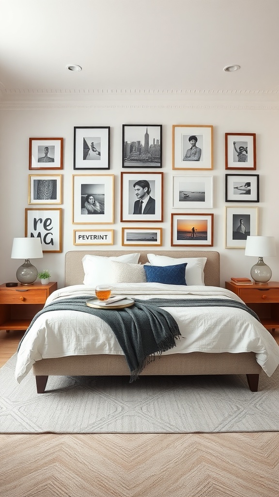 A stylish primary bedroom featuring a gallery wall with various framed black-and-white photographs and art pieces.