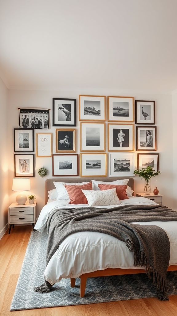 A cozy bedroom featuring a gallery wall with framed black and white photographs, a neatly made bed, and warm lighting.