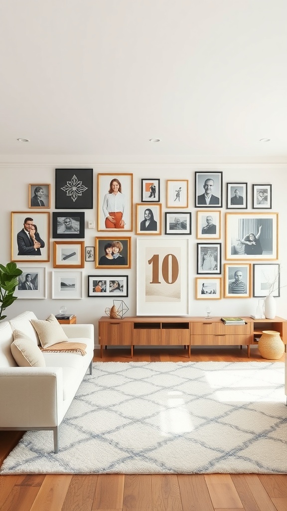 A gallery wall filled with framed photos and art in a long rectangle living room