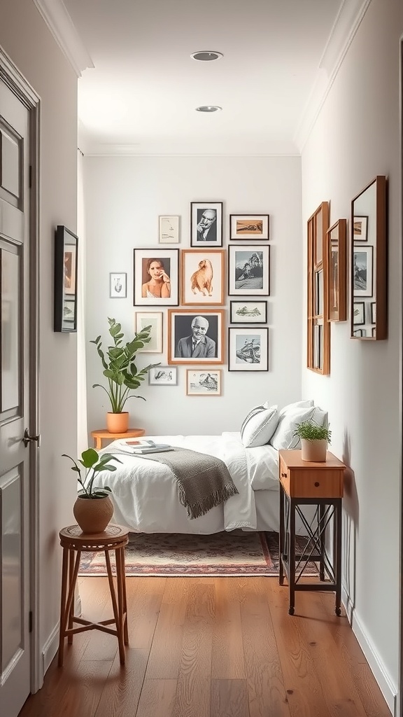 A narrow entryway featuring a gallery wall of art, a plant, and a cozy bed.