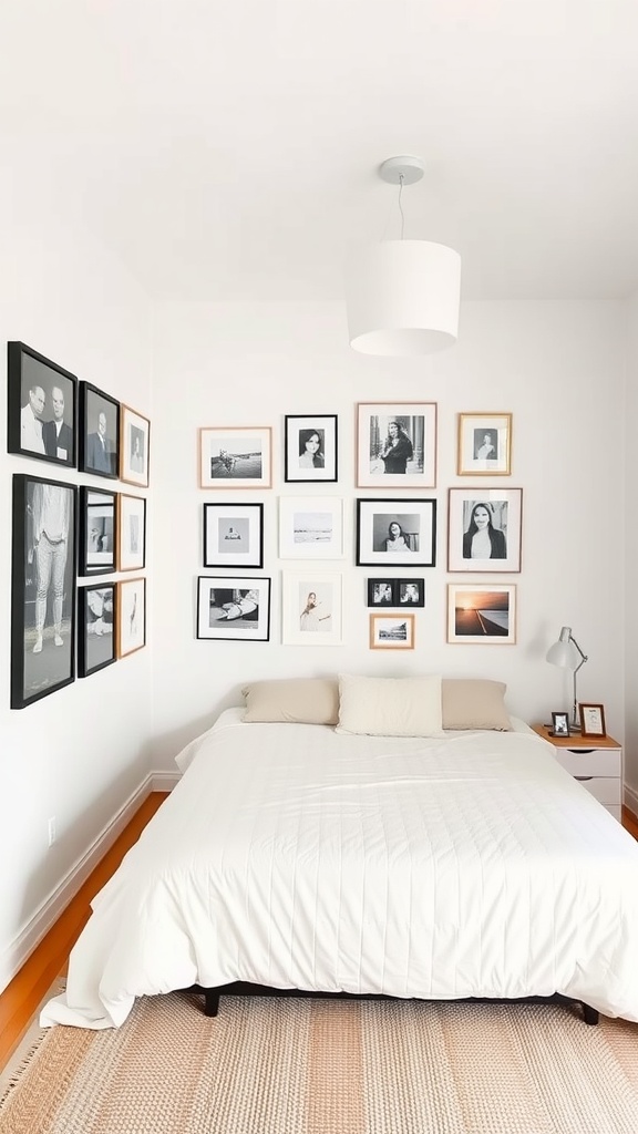 A bedroom with a gallery wall featuring various framed photographs in black and white, and a neatly made bed.
