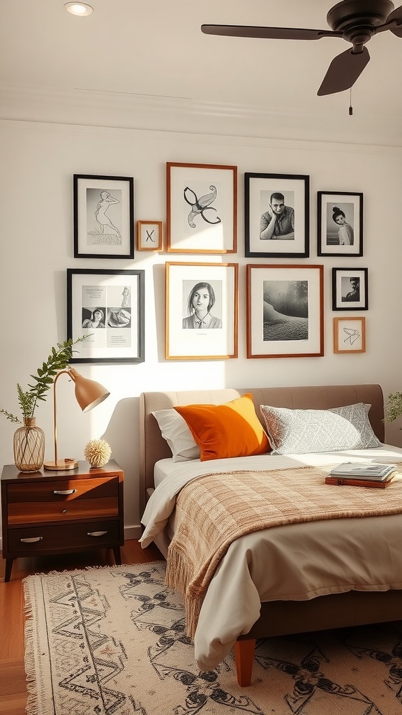 A cozy bedroom with a gallery wall of framed art above the bed, featuring a mix of black and white images.