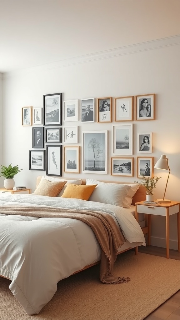 A cozy bedroom featuring a gallery wall with various framed artworks and photographs above a neatly made bed.