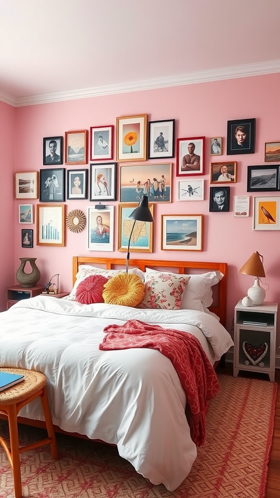 A gallery wall in a bedroom with a mix of framed photos and artworks on a pink wall, creating a personal and vibrant atmosphere.