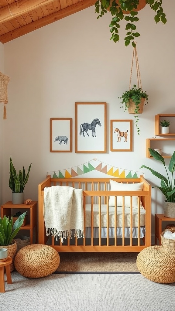 Cozy gender-neutral nursery featuring wood accents, animal-themed art, plants, and soft furnishings.