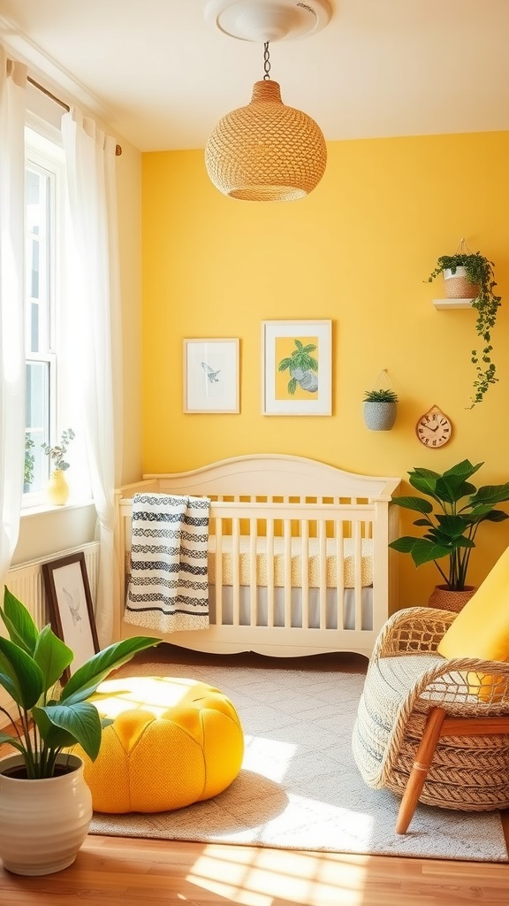 A gender-neutral nursery decorated with yellow walls, a crib, and cozy furniture.