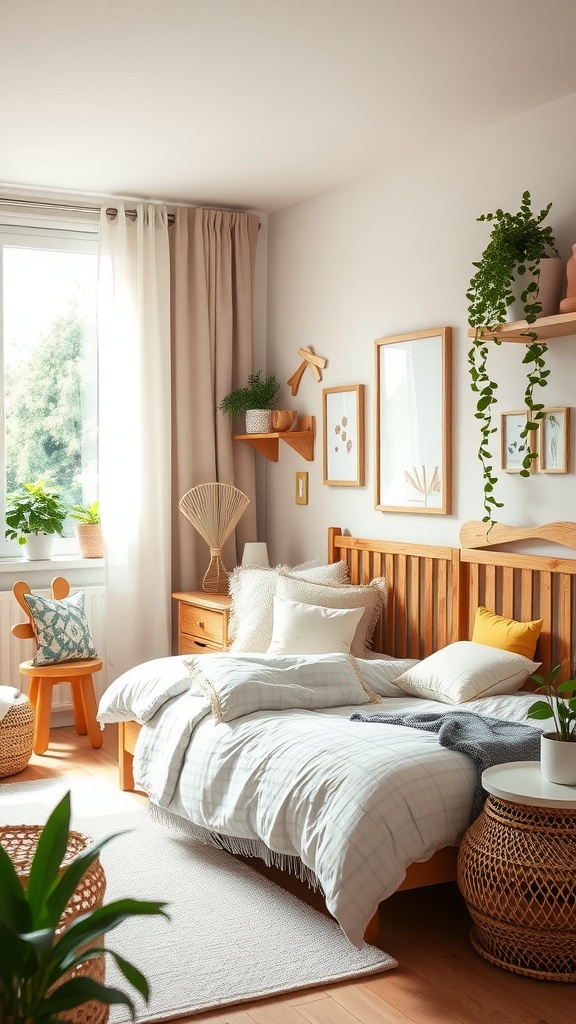 A bright and cozy toddler bedroom featuring wooden furniture, soft textiles, and greenery.