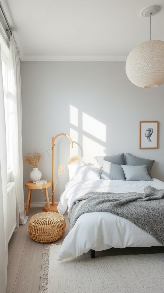 A Scandinavian-style bedroom with gray walls, light bedding, and natural materials.