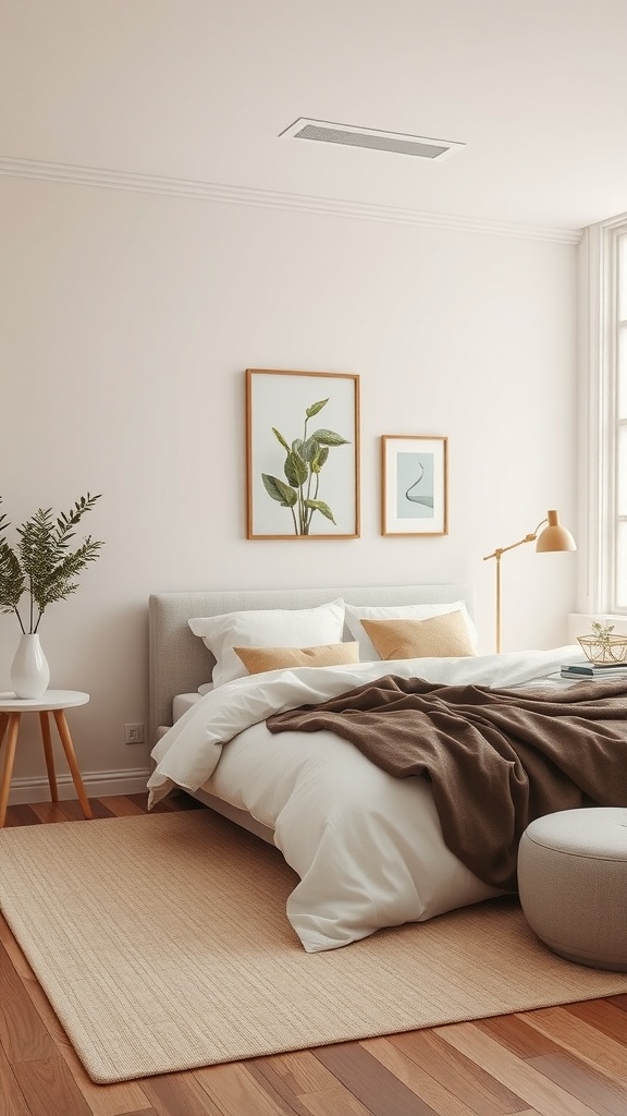 A neutral aesthetic bedroom featuring soft colors, plants, and cozy decor.