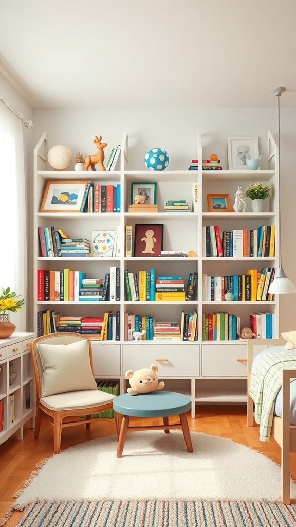 A cozy kids' reading corner with a colorful bookshelf, a comfy chair, and playful decor.