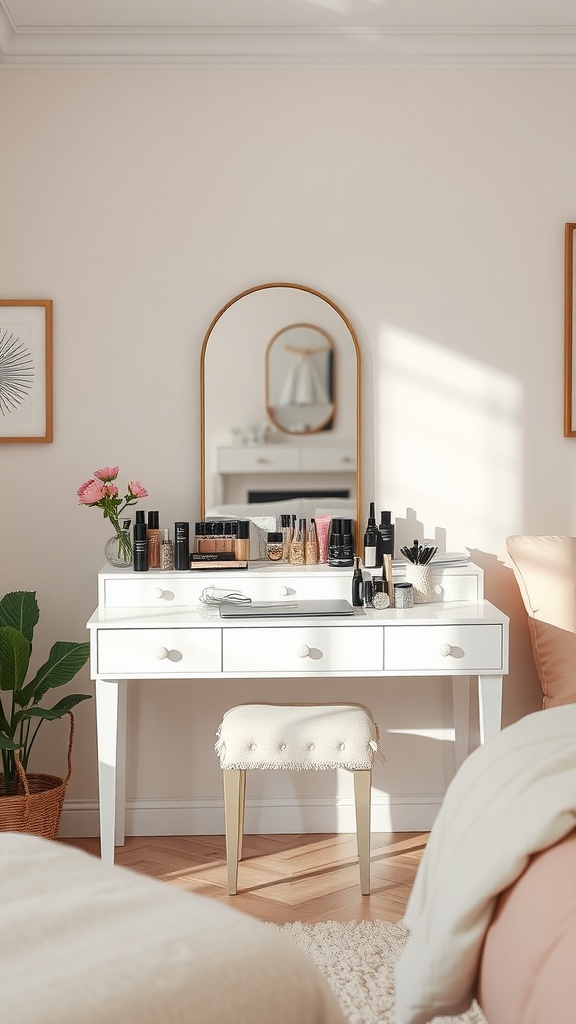 A stylish bedroom vanity and desk combo with a mirror, makeup products, and a decorative stool.