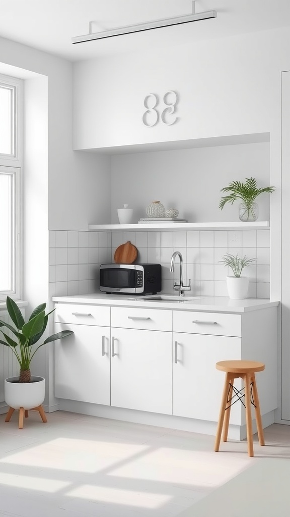 A minimalist kitchen with white cabinetry, a microwave, and potted plants.