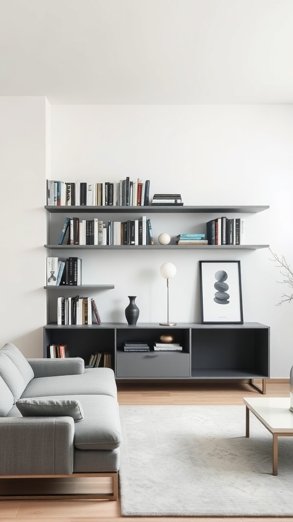 A minimalist bookshelf with neatly arranged books, a decorative vase, and a lamp, set in a bright living room.
