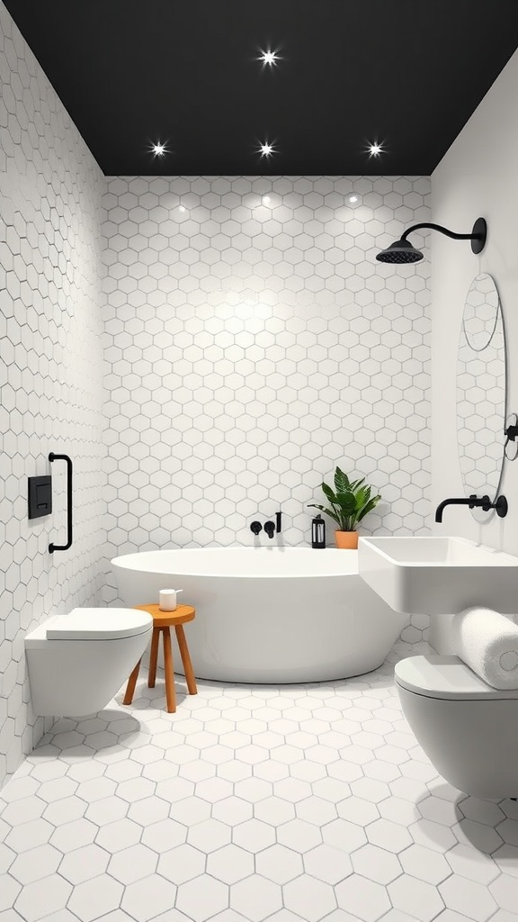 Modern bathroom with hexagon tile flooring and wall tiles, featuring a black ceiling and stylish fixtures.